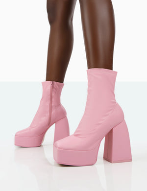 Own Thing Wide Fit Pink PU Chunky Square Toe Platform Heel Block Ankle Boots