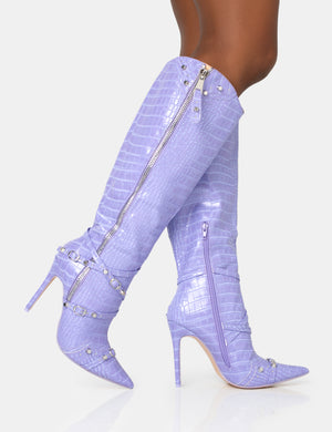 Worthy Lilac Croc Studded Zip Detail Pointed Toe Stiletto Knee High Boots