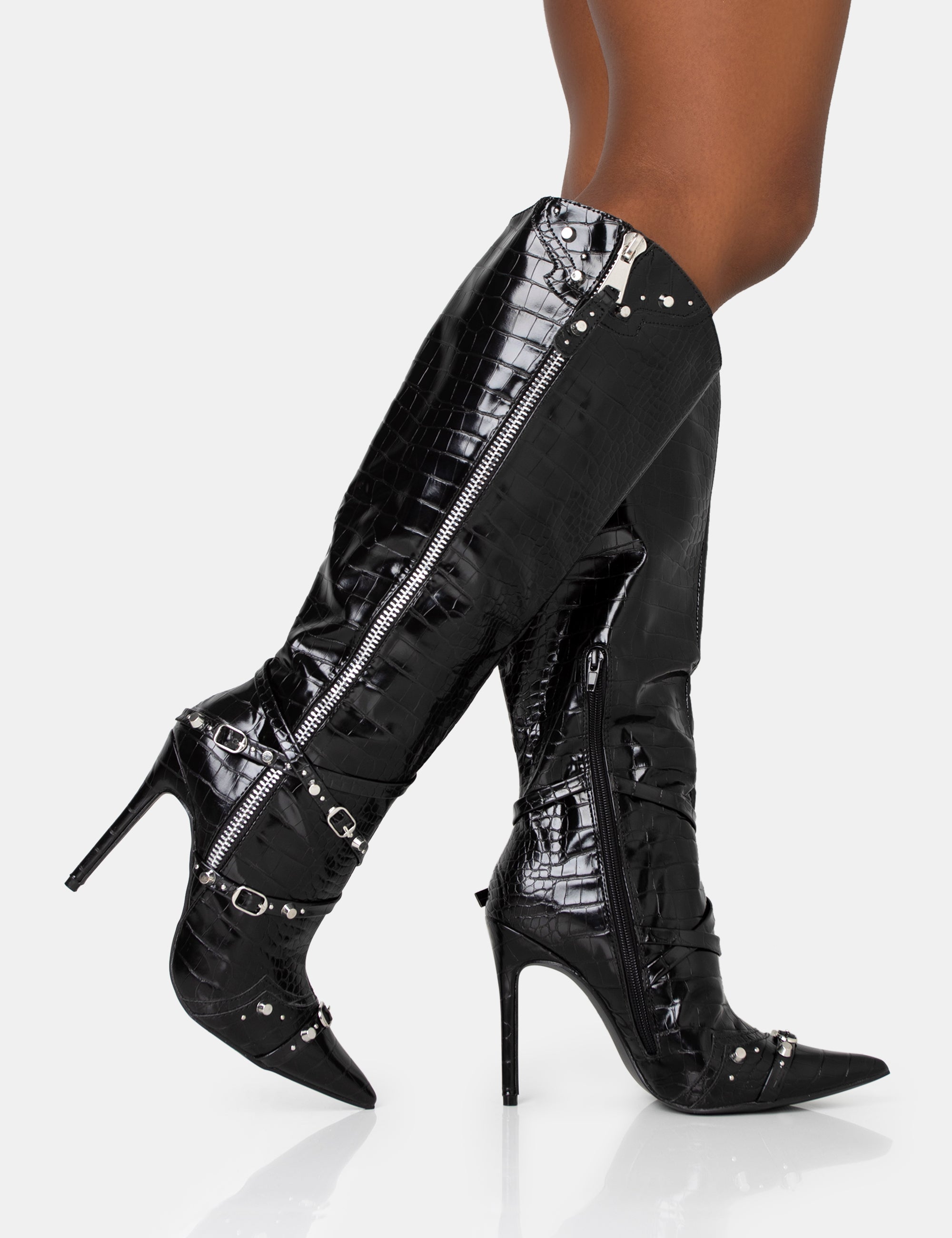 靴 twisted leather pointed toe zip boots Amazon.com | femflame Women's Knee High Boots Pointed Toe