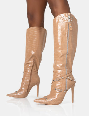 Worthy Camel Croc Studded Zip Detail Pointed Toe Stiletto Knee High Boots
