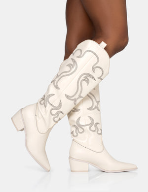 Cooper Ecru PU Western Embroidered Knee High Cowboy Boot