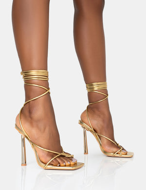 Lacey Gold Metallic Square Toe Strappy Lace Up Stiletto Heels