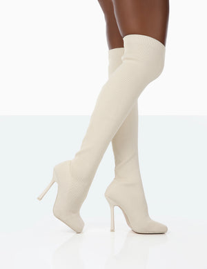 Bubbles White Knitted Wide Fit Square Toe Over The Knee Stiletto Boots