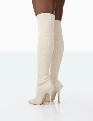 Bubbles White Knitted Wide Fit Square Toe Over The Knee Stiletto Boots