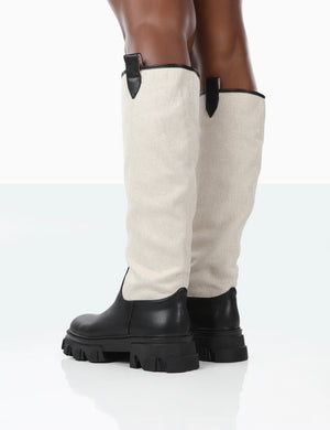 Genius Black PU Knee High Linen Platform Chunky Sole Boots