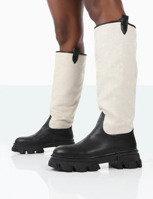 Genius Black PU Knee High Linen Platform Chunky Sole Boots