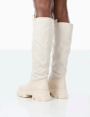 Genius Ecru PU Knee High Linen Platform Chunky Sole Boots