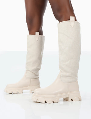 Genius Ecru PU Knee High Linen Platform Chunky Sole Boots