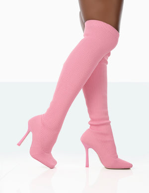 Bubbles Pink Knitted Wide Fit Square Toe Over The Knee Stiletto Boots