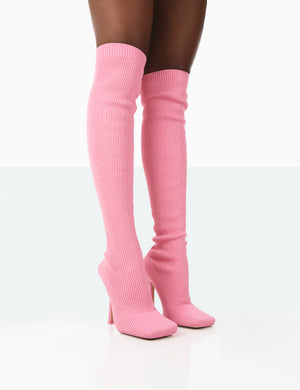 Bubbles Pink Knitted Wide Fit Square Toe Over The Knee Stiletto Boots