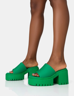 Sabeena Green Chunky Mule Round Toe Mid Heel Sandals