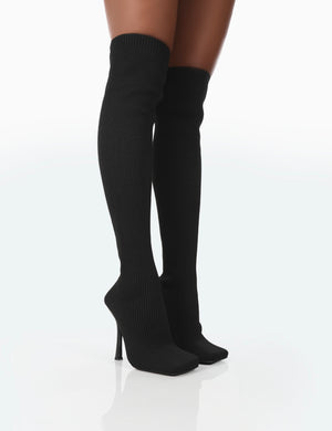 Bubbles Black Knitted Square Toe Over The Knee Stiletto Boots