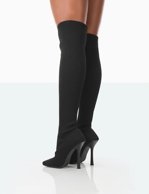 Bubbles Black Knitted Square Toe Over The Knee Stiletto Boots