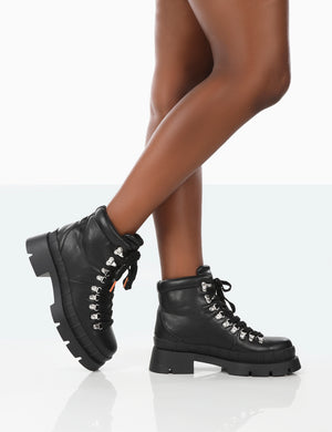 Hike There Black Pu Lace Up Chunky Sole Winter Boots