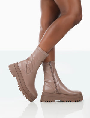 Rusty Mocha Pu Chunky Sole Platform Sock Ankle Boots