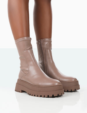 Rusty Mocha Pu Chunky Sole Sock Ankle Boots Public Desire