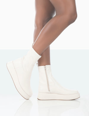 Not Okay Ecru Pu Chunky Sole Platform Sock Ankle Boots