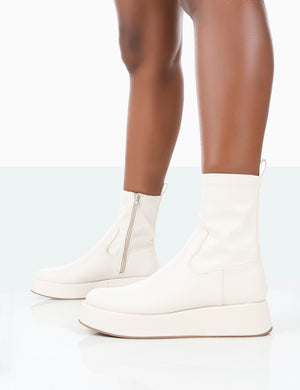 Not Okay Ecru Pu Chunky Sole Platform Sock Ankle Boots