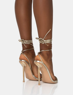 LOOK BACK WIDE FIT GOLD METALLIC POINTED TOE LACE UP STILETTO HEELS