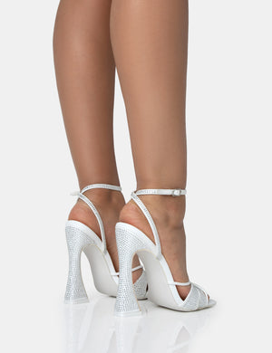 Opulence White Pu Diamante Strappy Square Toe Flared Block Heels