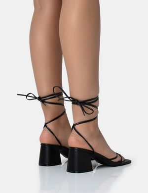 Casey Black Strappy Lace Up Square Toe Low Block Heel Sandals