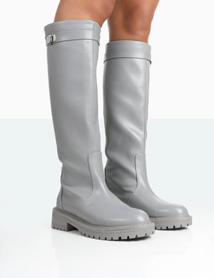 More Fun Grey PU Round Toe Chunky Sole Knee High Boots