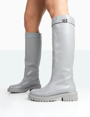 More Fun Wide Fit Grey Pu Round Toe Chunky Sole Knee High Boots