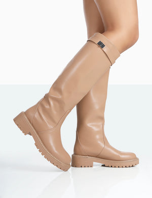 More Fun Caramel PU Round Toe Chunky Sole Knee High Boots