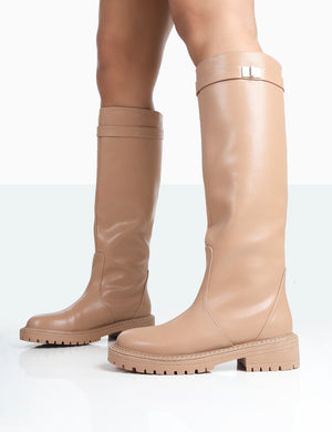 More Fun Caramel PU Round Toe Knee High Boots Public Desire