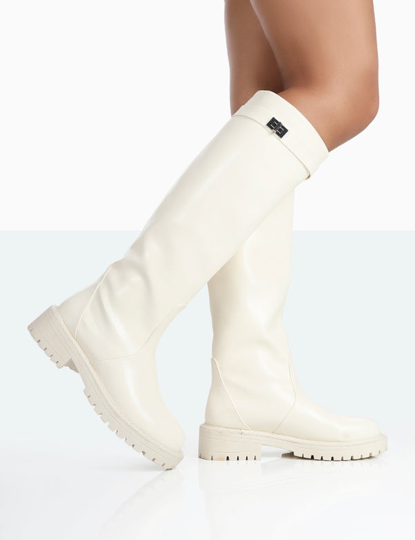 More Fun Ecru PU Round Toe Chunky Sole Knee High Boots