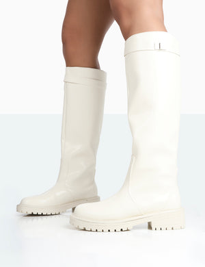 More Fun Ecru PU Round Toe Chunky Sole Knee High Boots