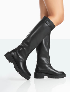 More Fun Black Pu Round Toe Chunky Sole Knee High Boots