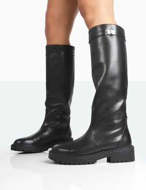 More Fun Black Pu Round Toe Chunky Sole Knee High Boots