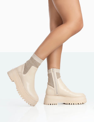 Paloma Nude Boucle Knit Platform Chunky Sole Sock Ankle Boots