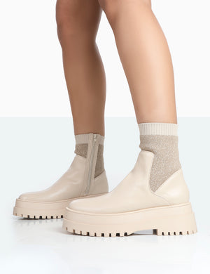 Paloma Nude Boucle Knit Platform Chunky Sole Sock Ankle Boots