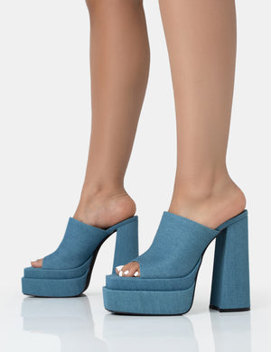 Skyhigh Denim Chunky Platform High Heeled Mules