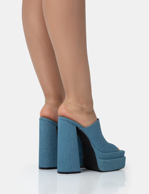 Skyhigh Denim Chunky Platform High Heeled Mules