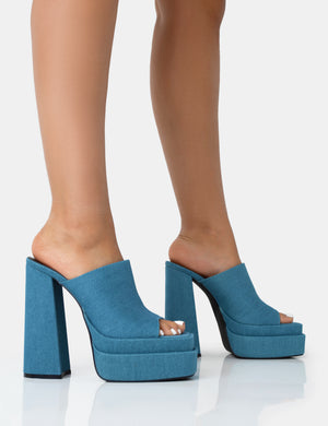 Skyhigh Denim Chunky Platform High Heeled Mules