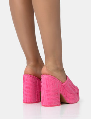 Wavez Pink Terry Towelling Round Toe Platform Block Heel Mules