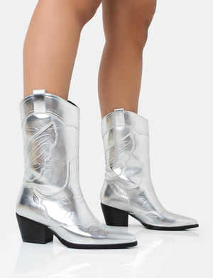 Howdy Silver Pu Pointed Toe Western Cowboy Block Ankle Boots