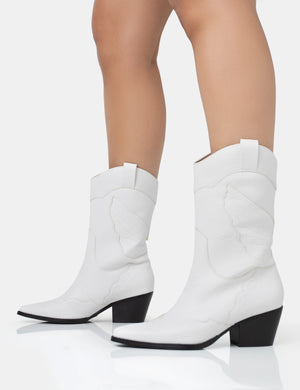 Howdy White Pu Pointed Toe Western Cowboy Block Ankle Boots
