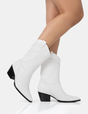 Howdy White Pu Pointed Toe Western Cowboy Block Ankle Boots