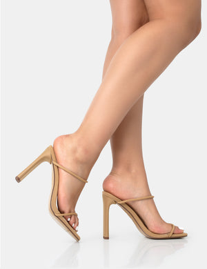 True Camel Nylon Strappy Barely There Square Toe Flat Block Heels