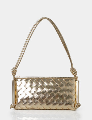 The Tate Gold Woven Oblong Knotted Handle Shoulder Bag