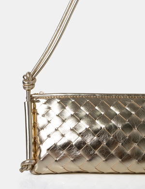 The Tate Gold Woven Oblong Knotted Handle Shoulder Bag