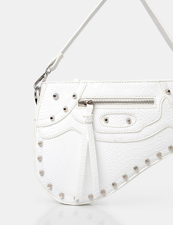 The Fox White Croc Studded Saddle Shoulder Bag