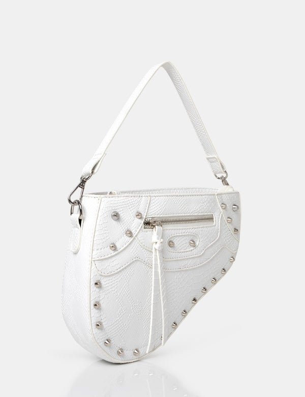 The Fox White Croc Studded Saddle Shoulder Bag