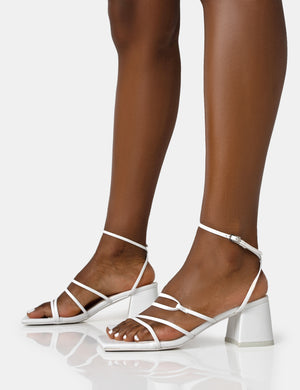 Dayla Wide Fit White PU Strappy Square Toe Block Mid Heel Sandals