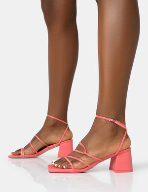 Dayla Coral PU Strappy Square Toe Block Mid Heel Sandals