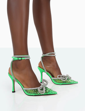 Azealia Neon Green Sparkly Diamante Wrap Around Bow Pointed Court Heels